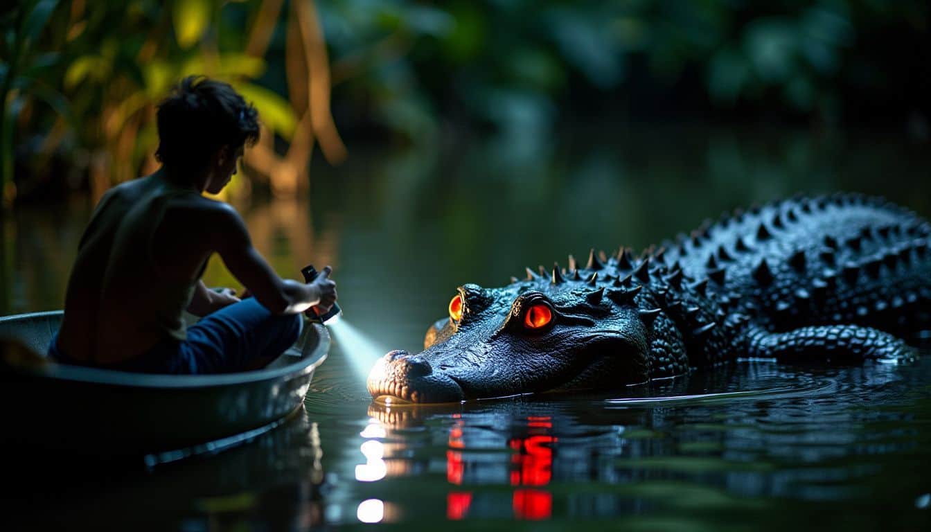 A person in a small boat shines a light on a caiman in the Amazon jungle at night.