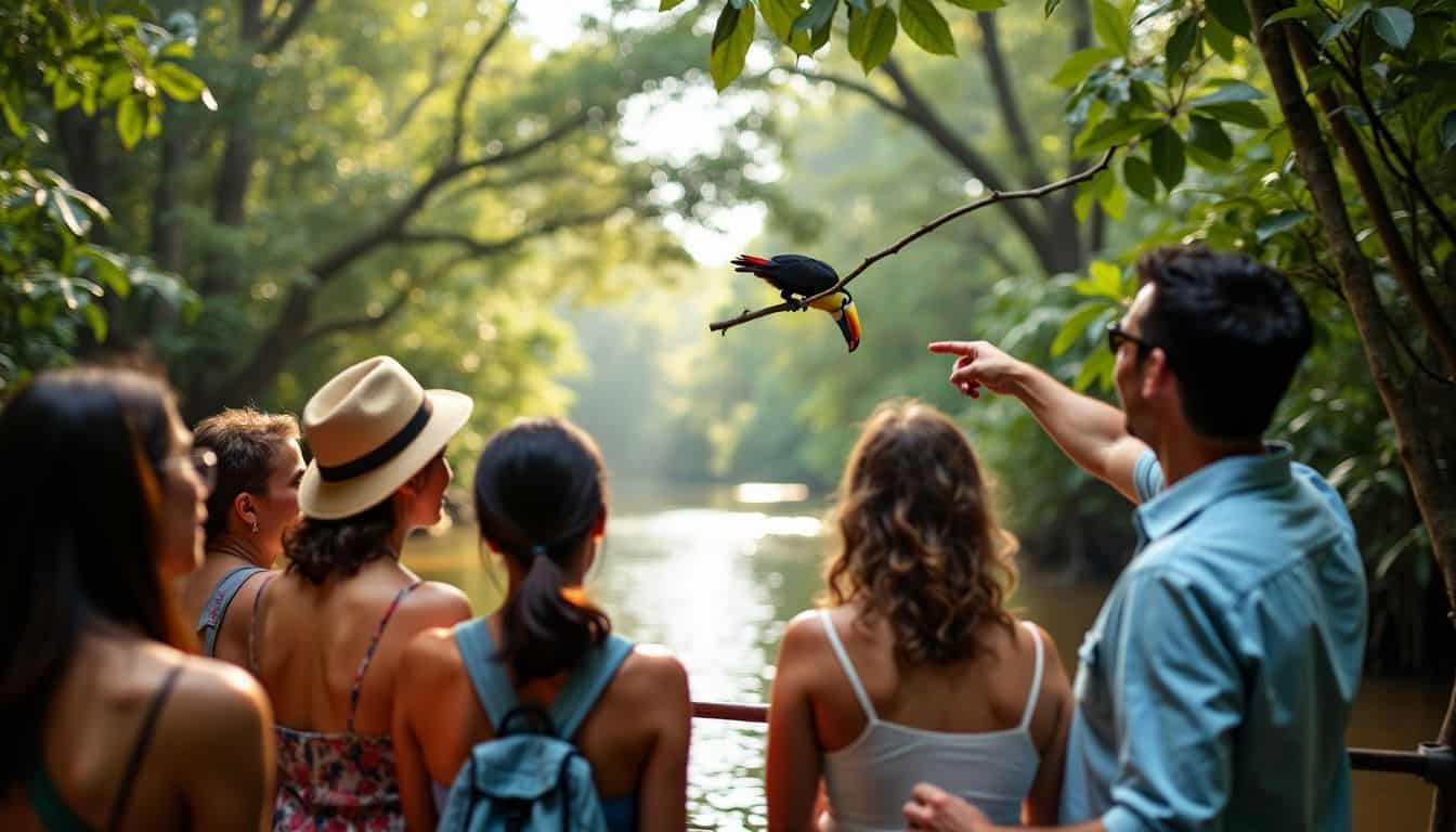 A group of travelers on an Amazon River bird-watching boat tour.