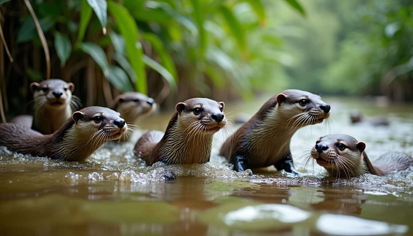 A group of giant river otters playfully swim in the Amazon jungle.