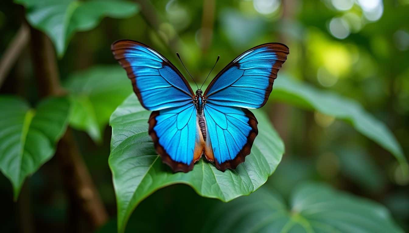 A blue morpho butterfly perches on a leaf in the Amazon.