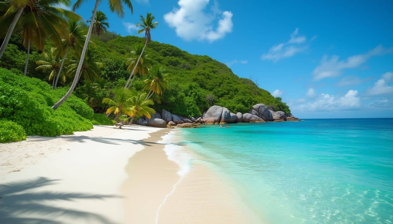 A tranquil beach scene in Seychelles with clear turquoise waters.