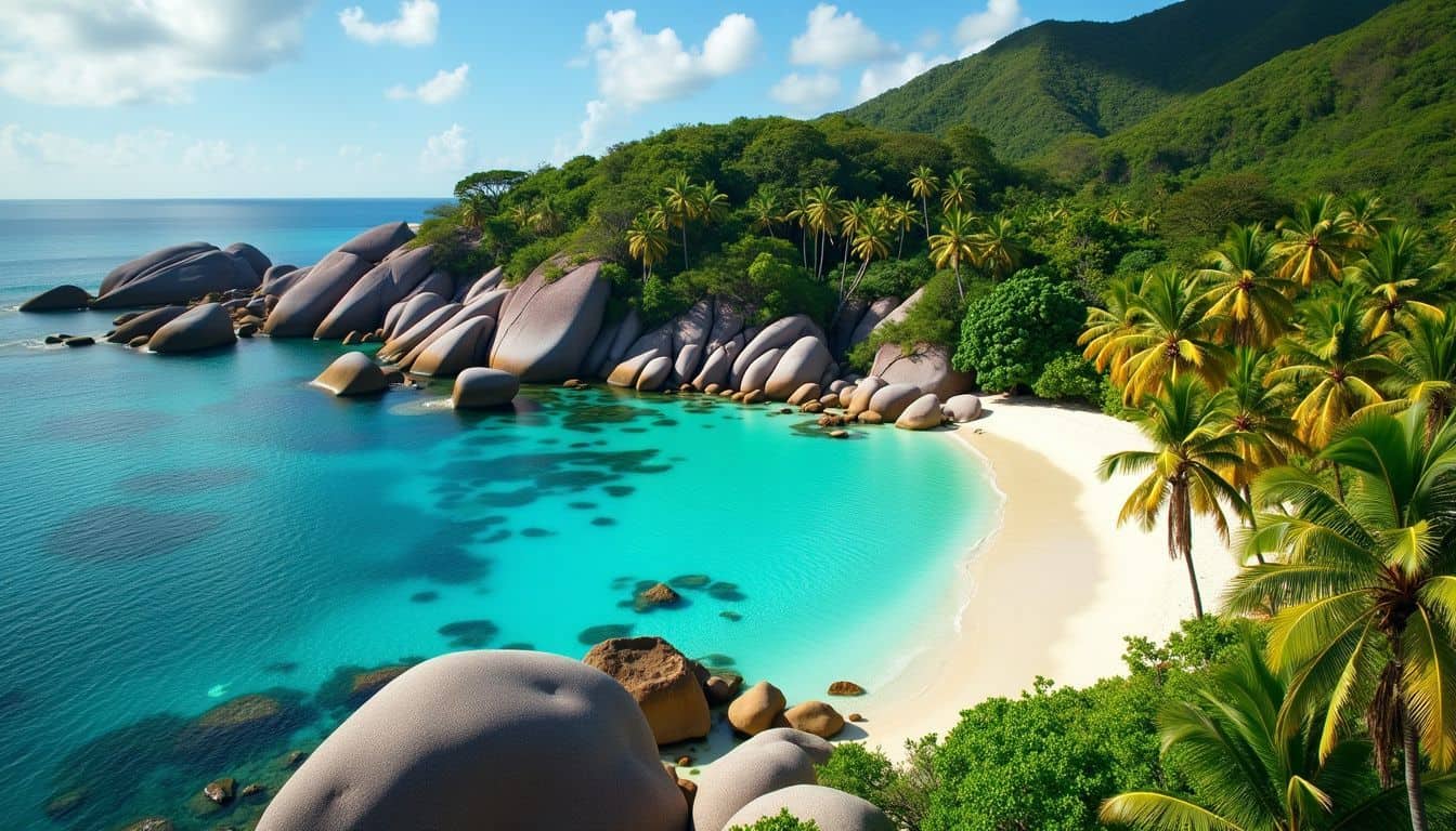 Aerial view of Anse Lazio beach in Seychelles with turquoise waters and white sandy beaches.