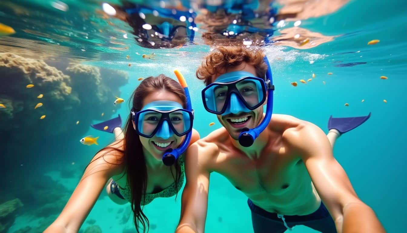 A young man and woman are snorkeling in clear blue waters.