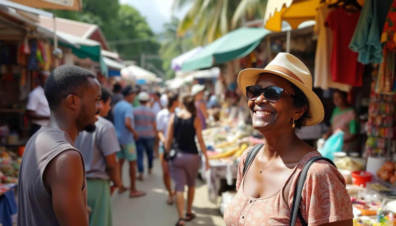 A lively street market in Seychelles with colorful stalls and diverse goods.