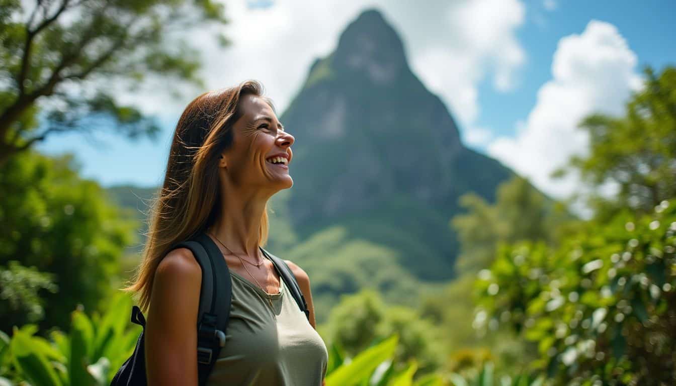 A woman stands in Morne Seychellois National Park, surrounded by lush greenery.