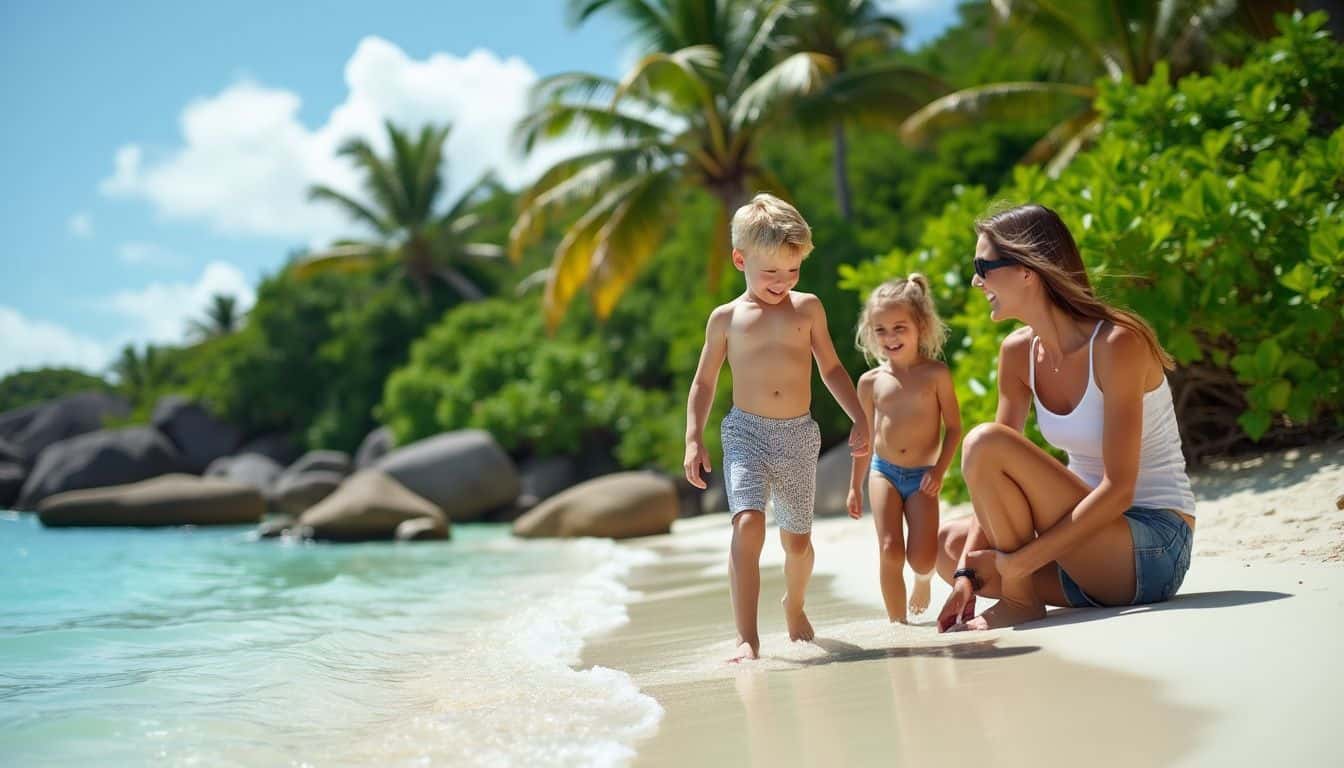 A family spending a day at the beach in Seychelles.