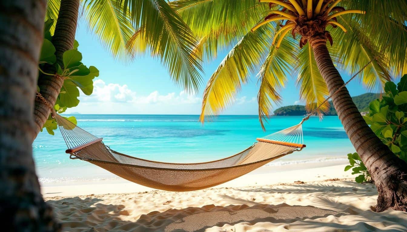 A hammock gently swings between palm trees on a beautiful Seychelles beach.