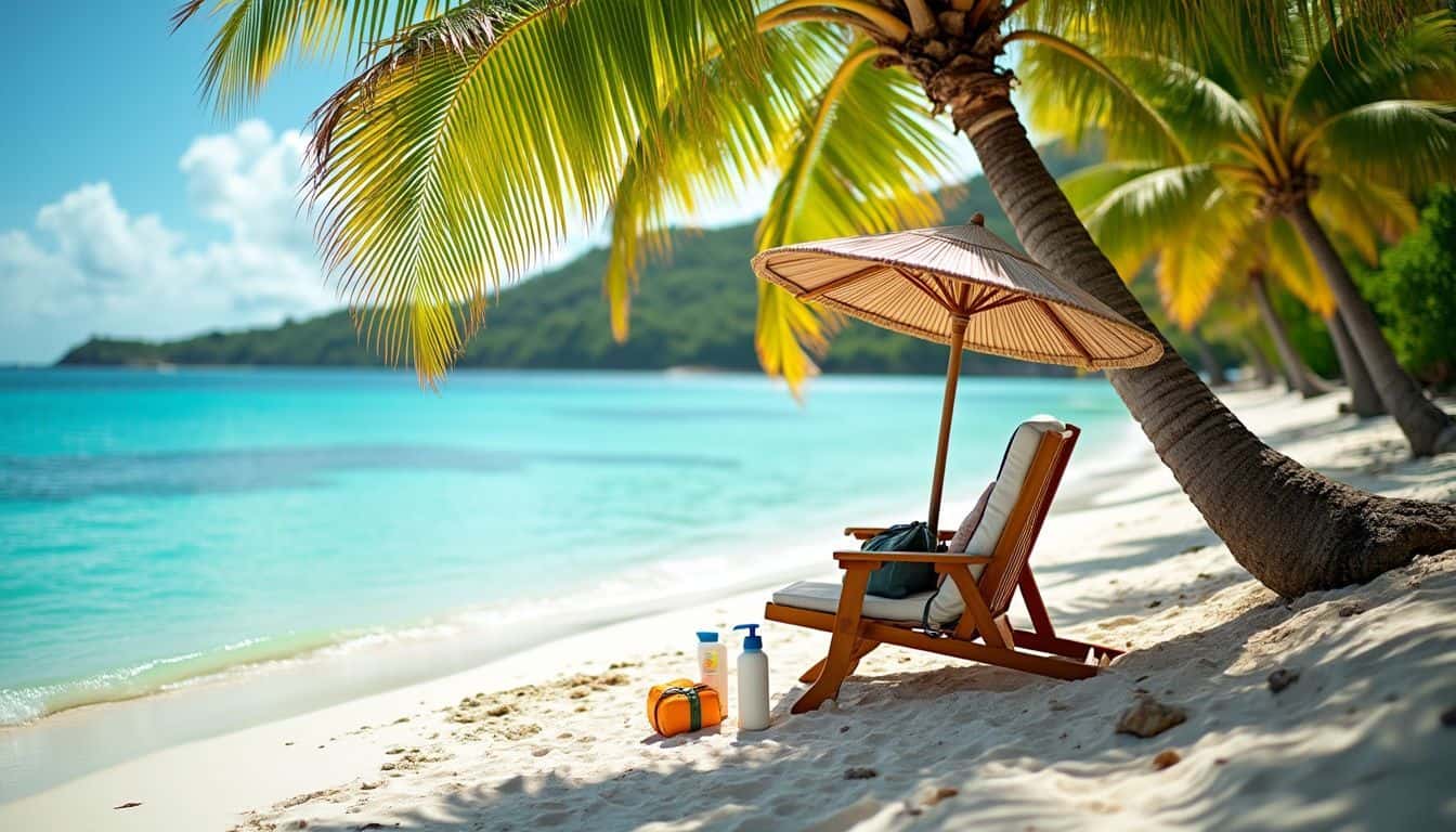 A tranquil beach scene with palm trees, a beach chair, and accessories.