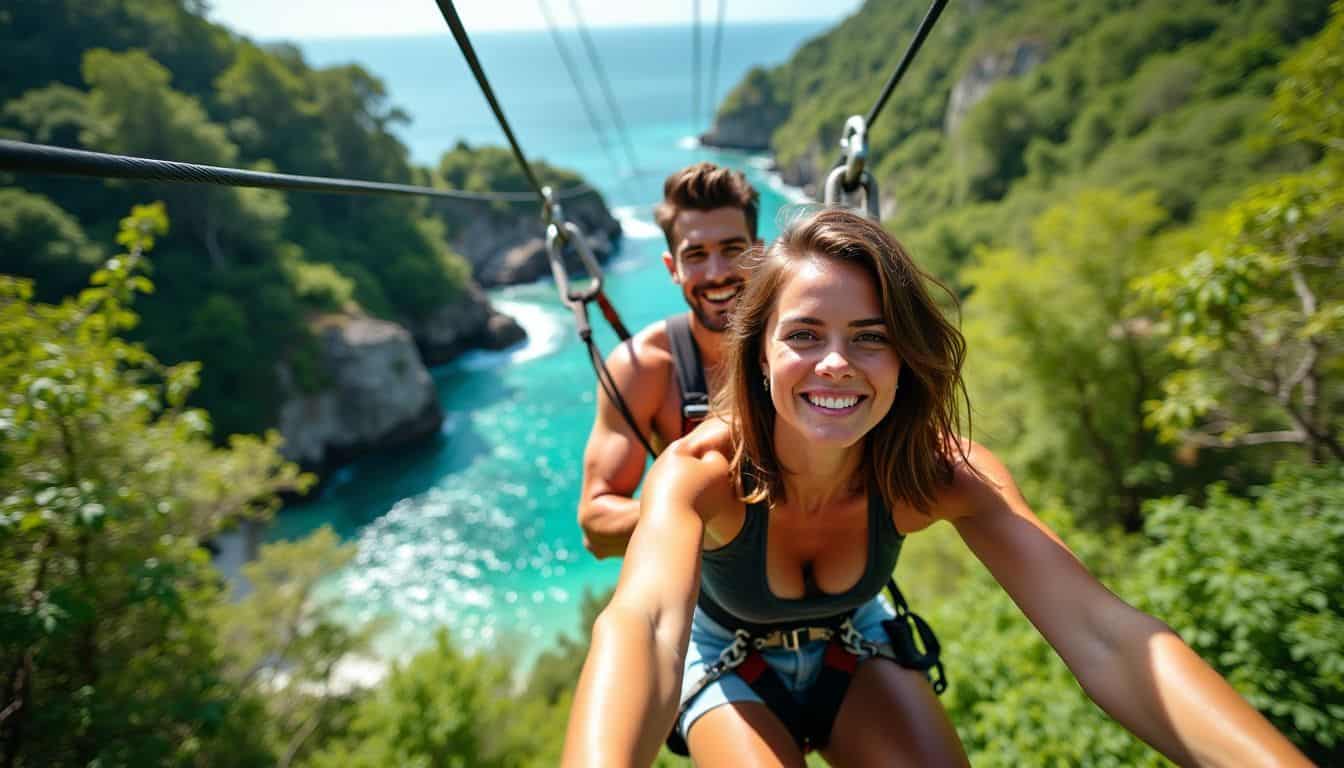 A young couple zip-lining through lush tropical forest in Seychelles.