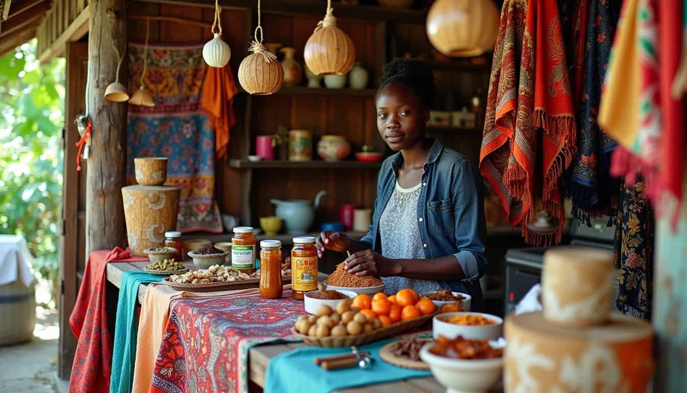 A charming souvenir shop in Seychelles filled with colorful items.