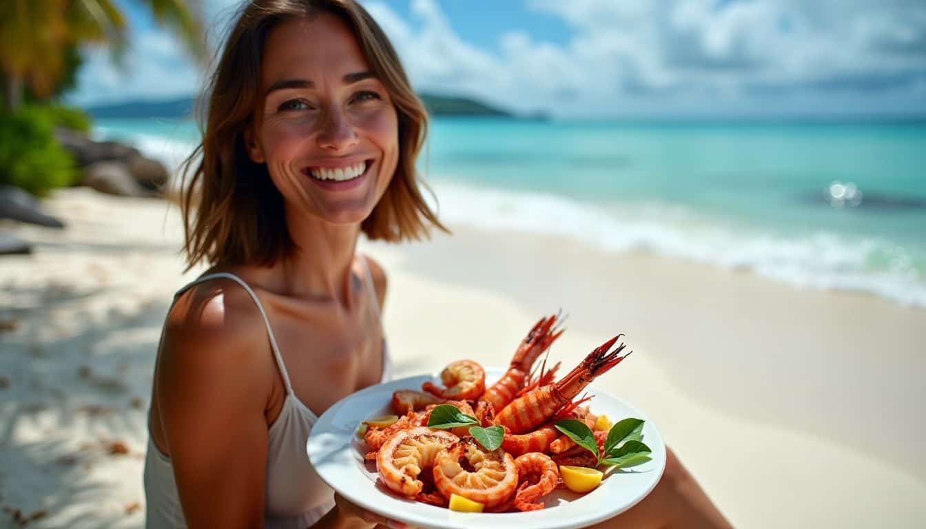 A woman enjoying grilled seafood on a Seychelles beach.