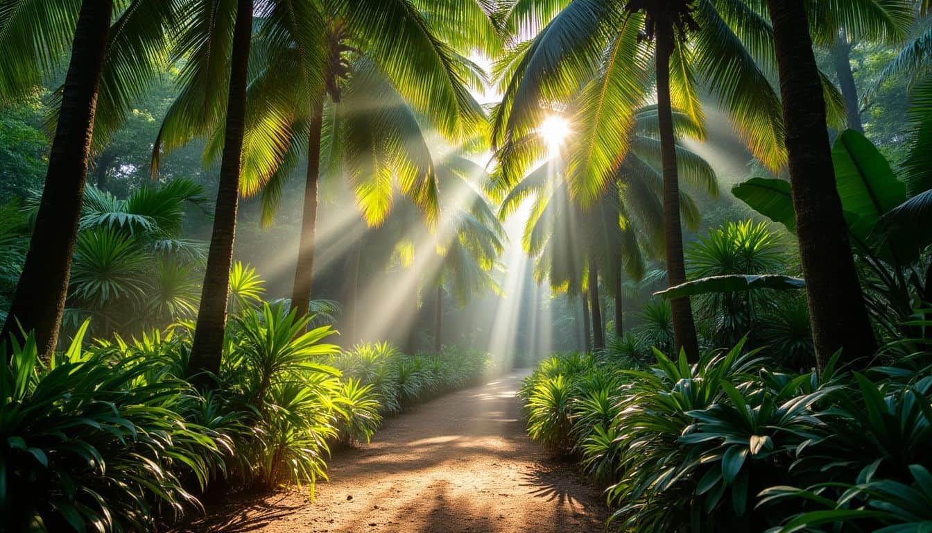 The image shows a tranquil Coco de Mer palm forest in Seychelles.