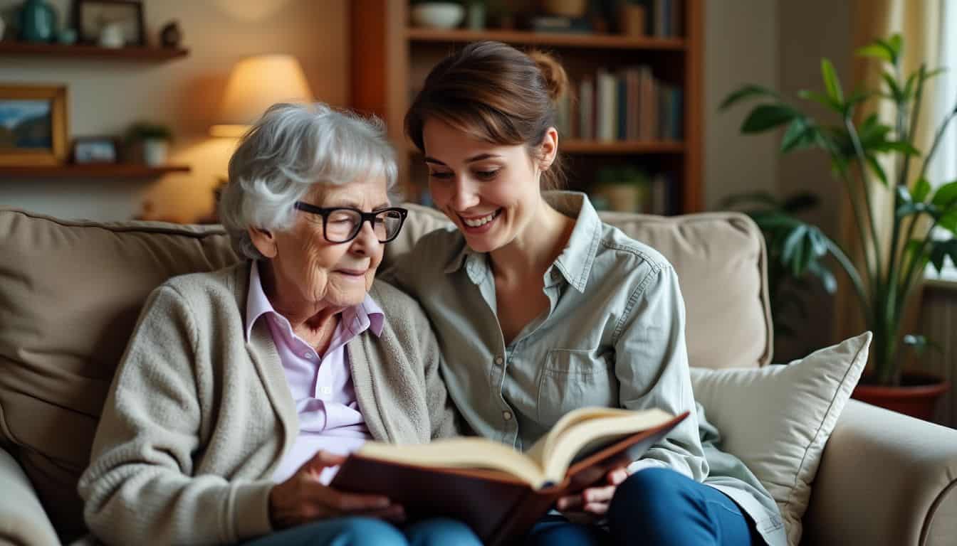 An elderly woman and her caregiver enjoying a book together.