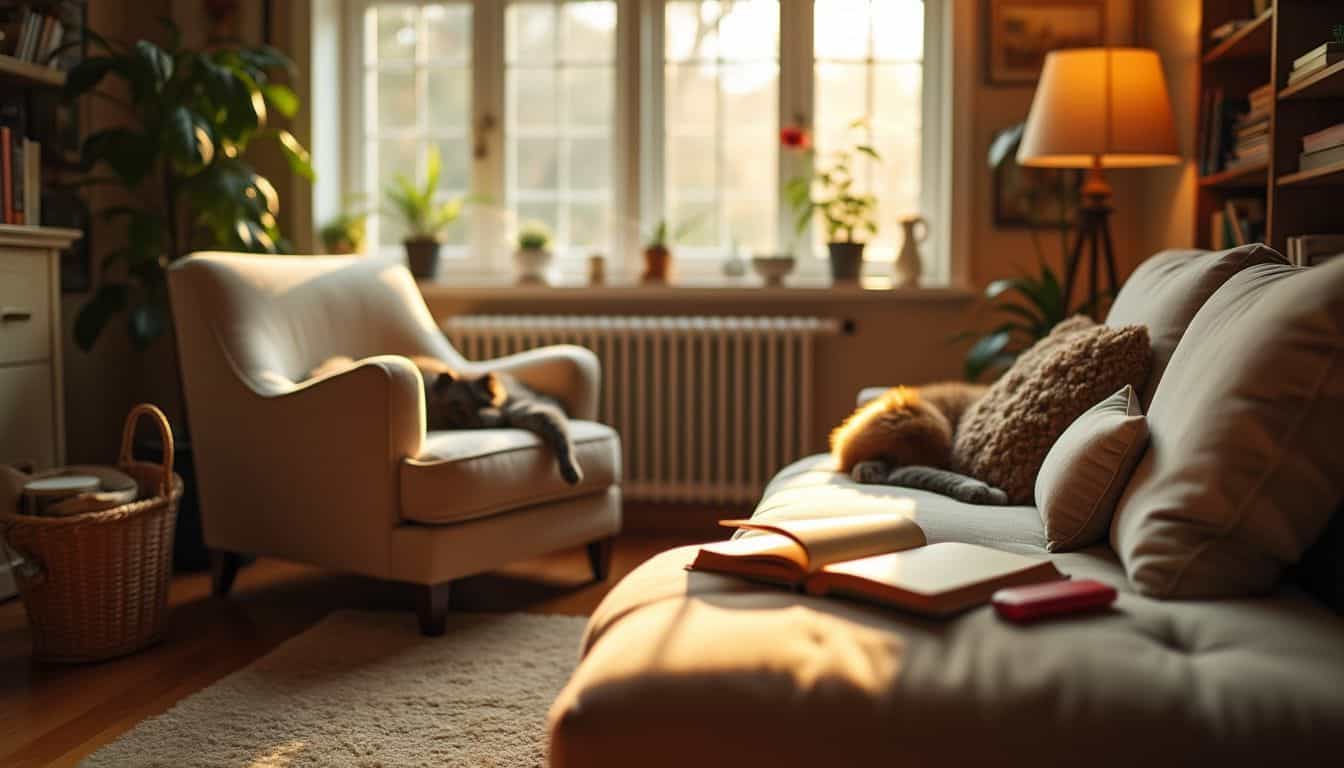 A cozy living room with an open book, plush chair, and pet.