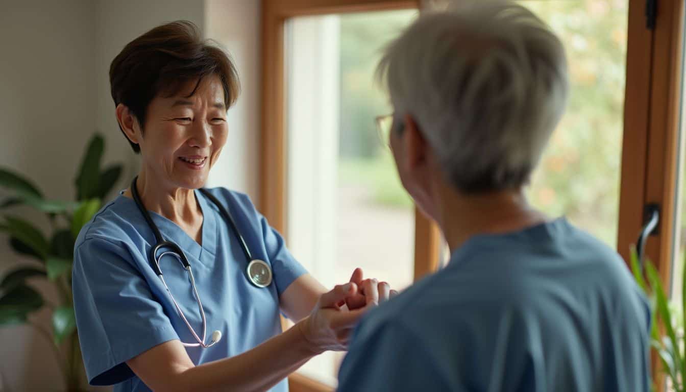 A middle-aged home health caregiver practices tasks under nurse supervision.