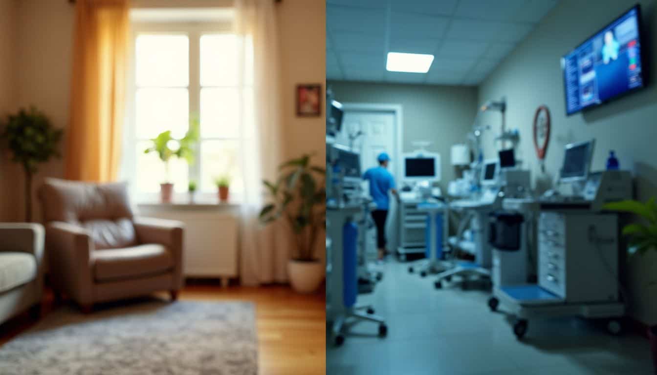 A split-screen comparison of a cozy living room and a clinical home health care environment.