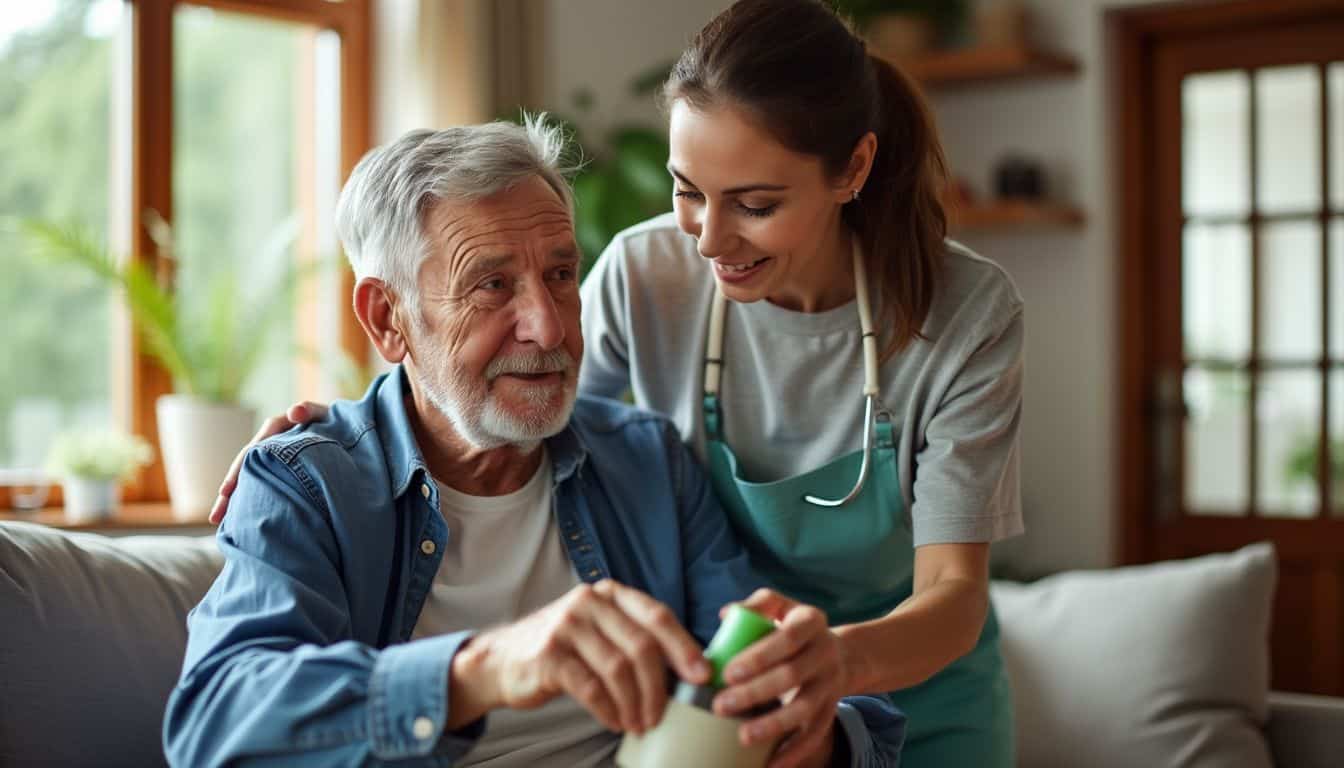 A senior man receives care at home from a caregiver.