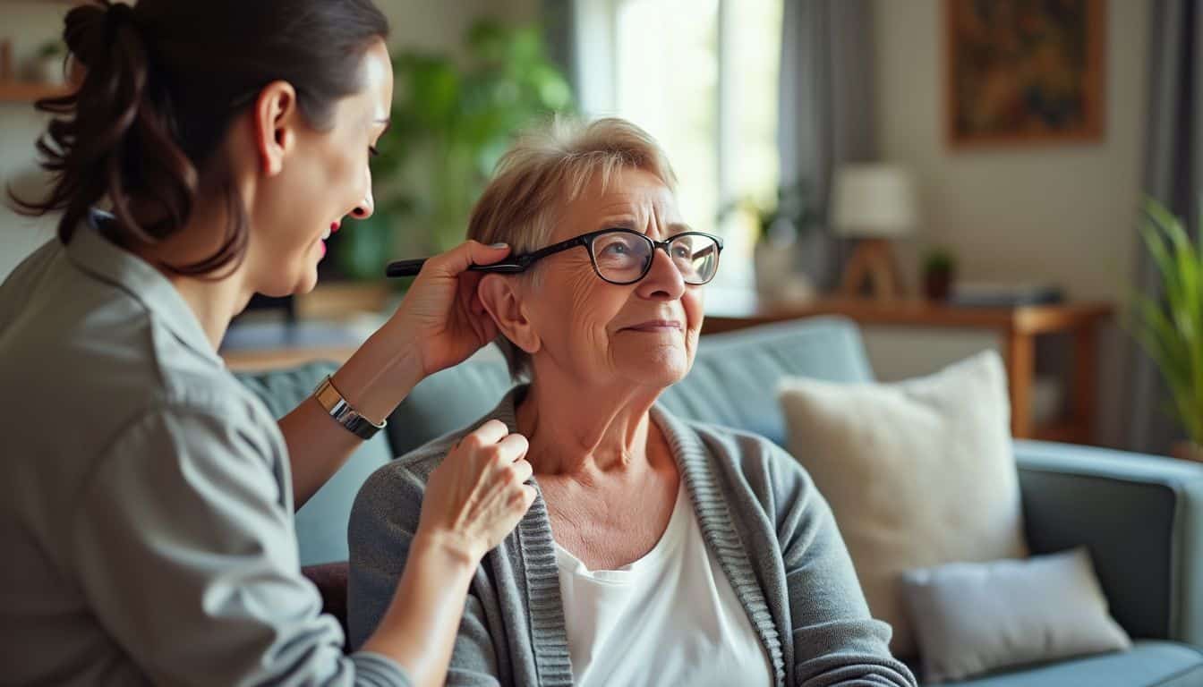 Elderly woman receives personal care from caregiver in cozy home.