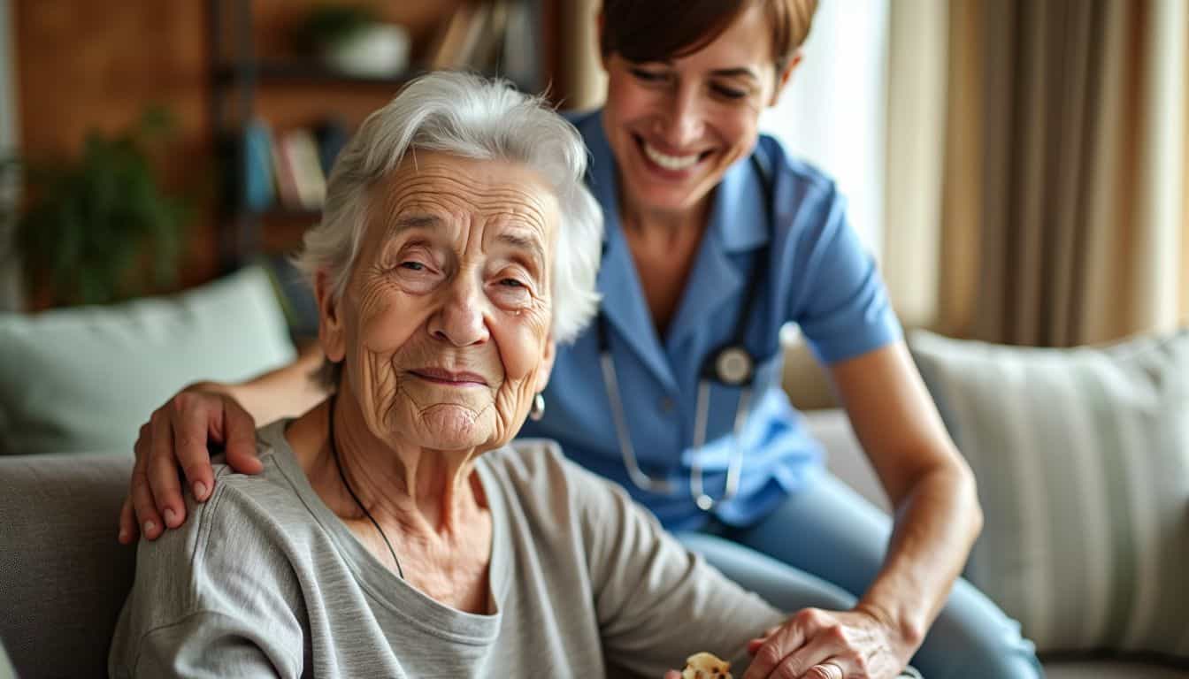 An elderly woman receives home care assistance from a friendly caregiver.