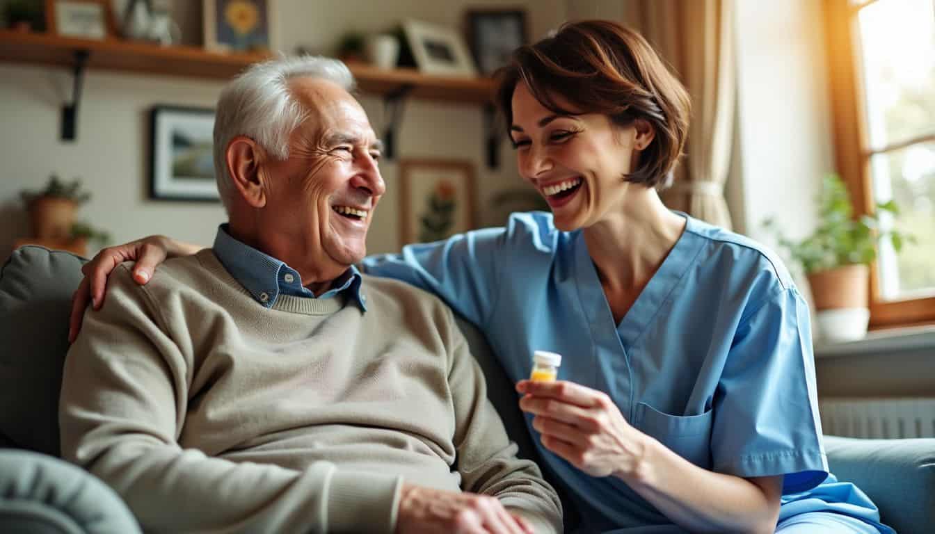 An elderly man sits with a caregiver in a cozy living room.