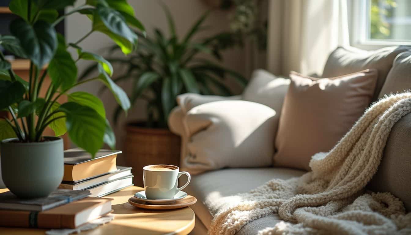 A cozy living room with a cup of coffee, books, and plants.