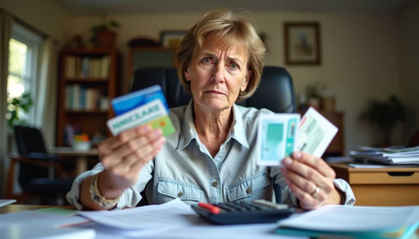 A middle-aged woman is carefully examining insurance cards and Medicare booklet at her home office desk.