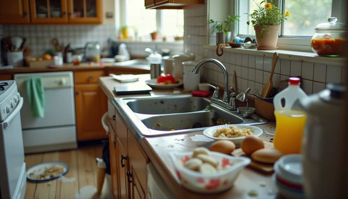 A messy kitchen with cluttered countertop and dirty dishes.