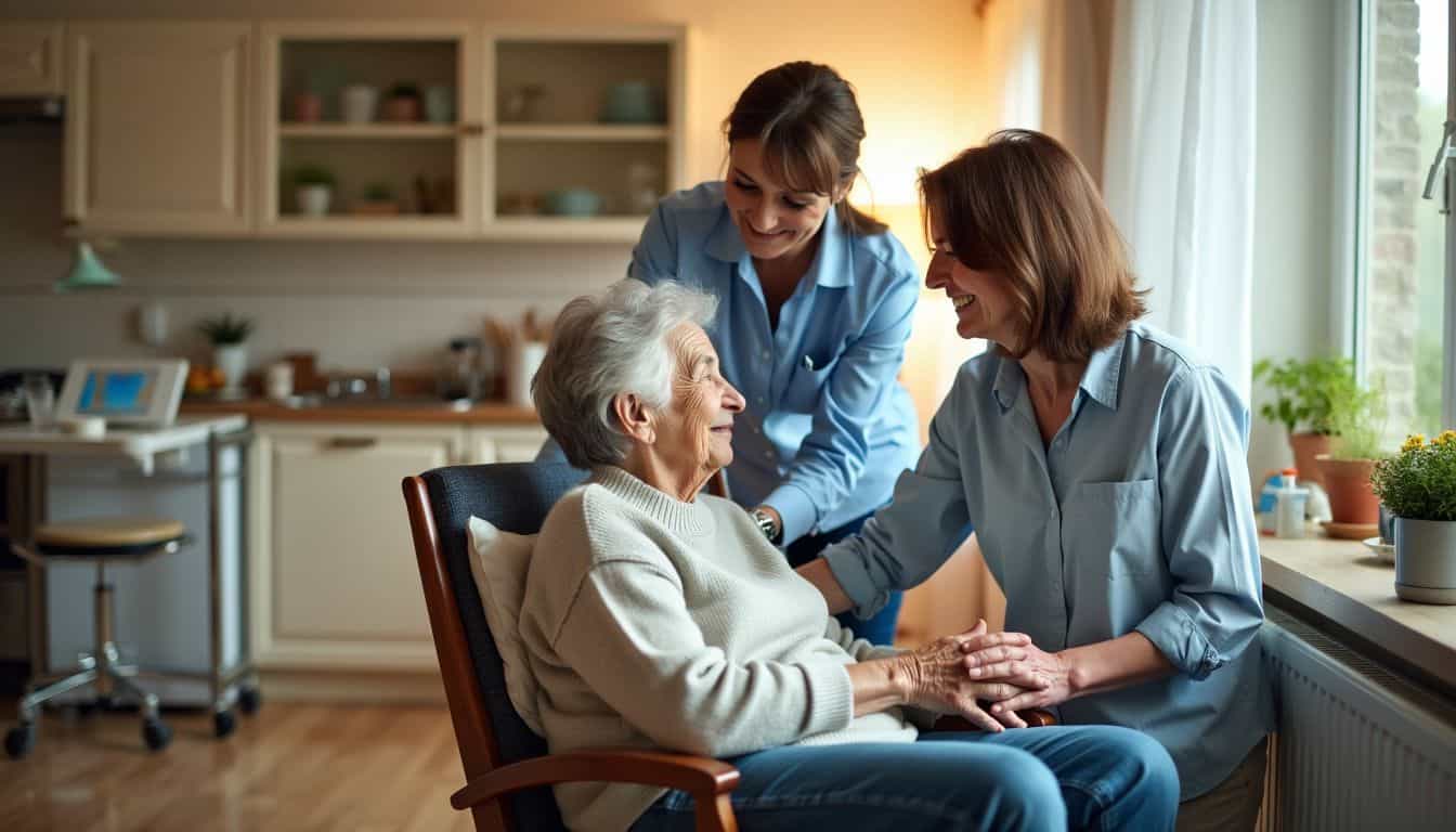 A caregiver is assisting an elderly woman in a cozy living room.