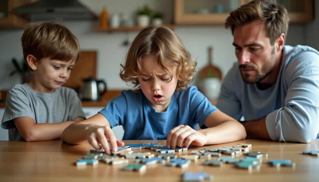 A frustrated child works on a puzzle with parental support.