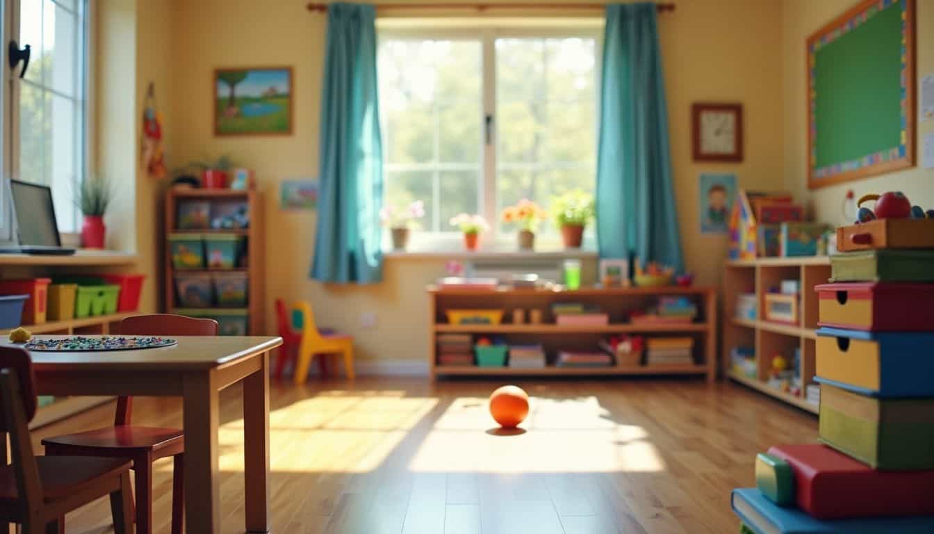 An empty preschool classroom with scattered toys and books.