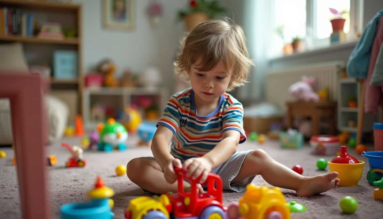 A child playing in a cluttered room with developmental delays.