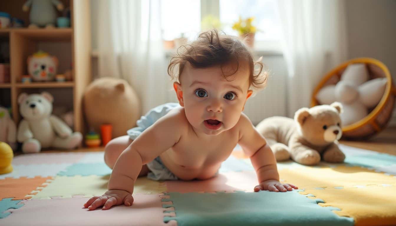 A 10-month-old baby is crawling on a colorful play mat.