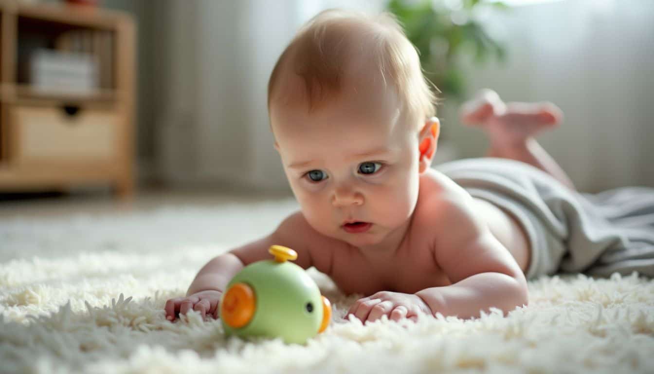 A newborn baby lies in a nursery, focused on a moving toy.