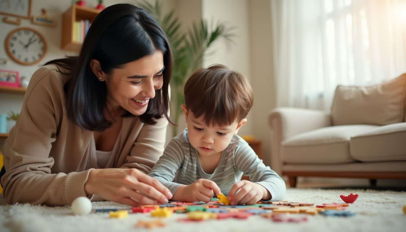 A 3-year-old child works on a puzzle with a supportive adult in a cozy living room.