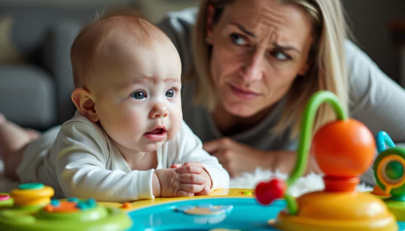 A 3-month-old baby sits on a colorful play mat with toys, as a concerned parent watches.