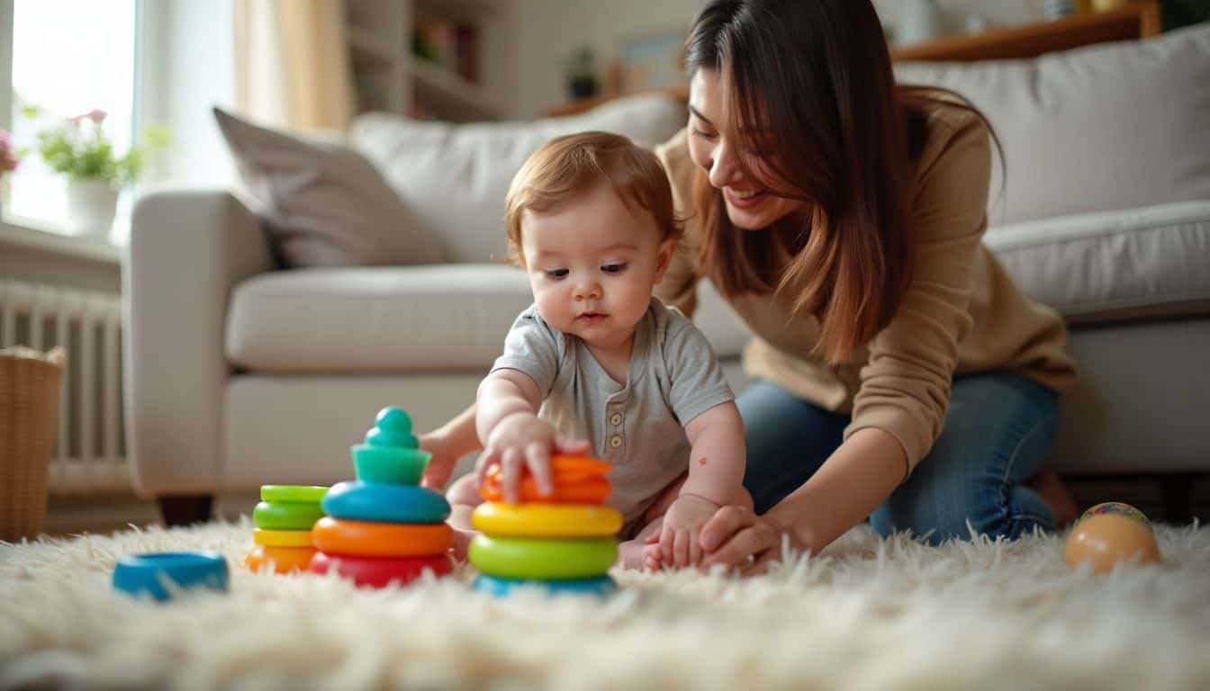 A mother watches her baby reach for a toy in a cozy living room.