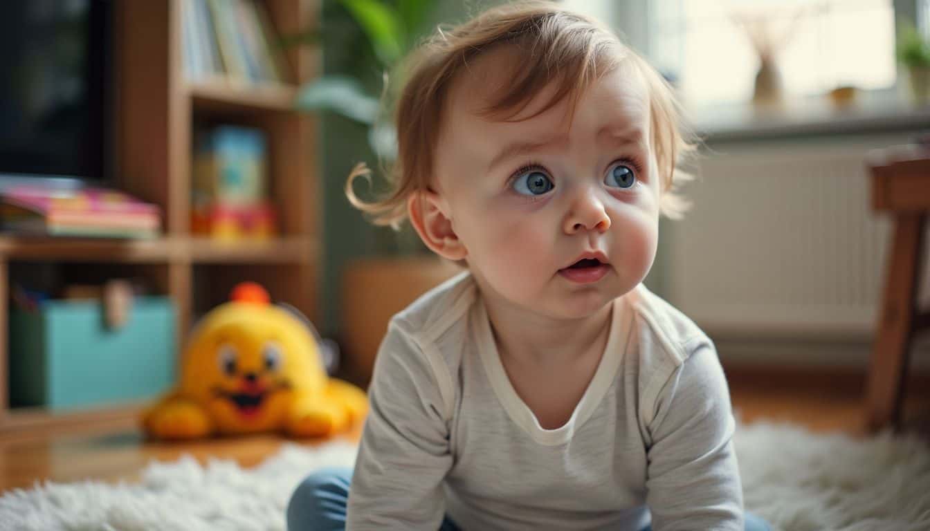 The image shows a 6-month-old baby girl playing in a cozy living room.