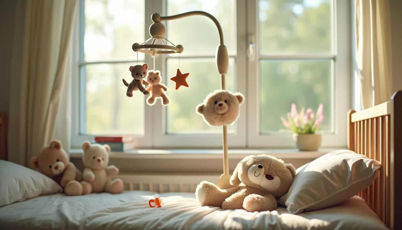 A peaceful nursery with a mobile above the crib and stuffed animals.