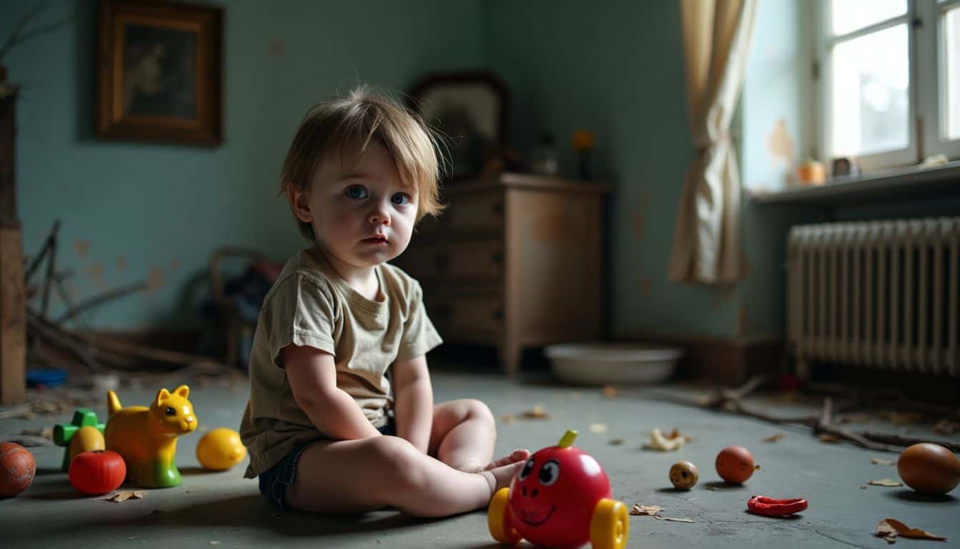 A two-year-old child sits alone in a neglected room surrounded by toys.