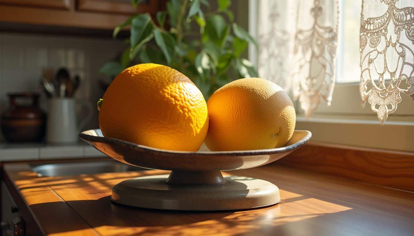 Two ripe cantaloupes on a scale in a cozy kitchen.