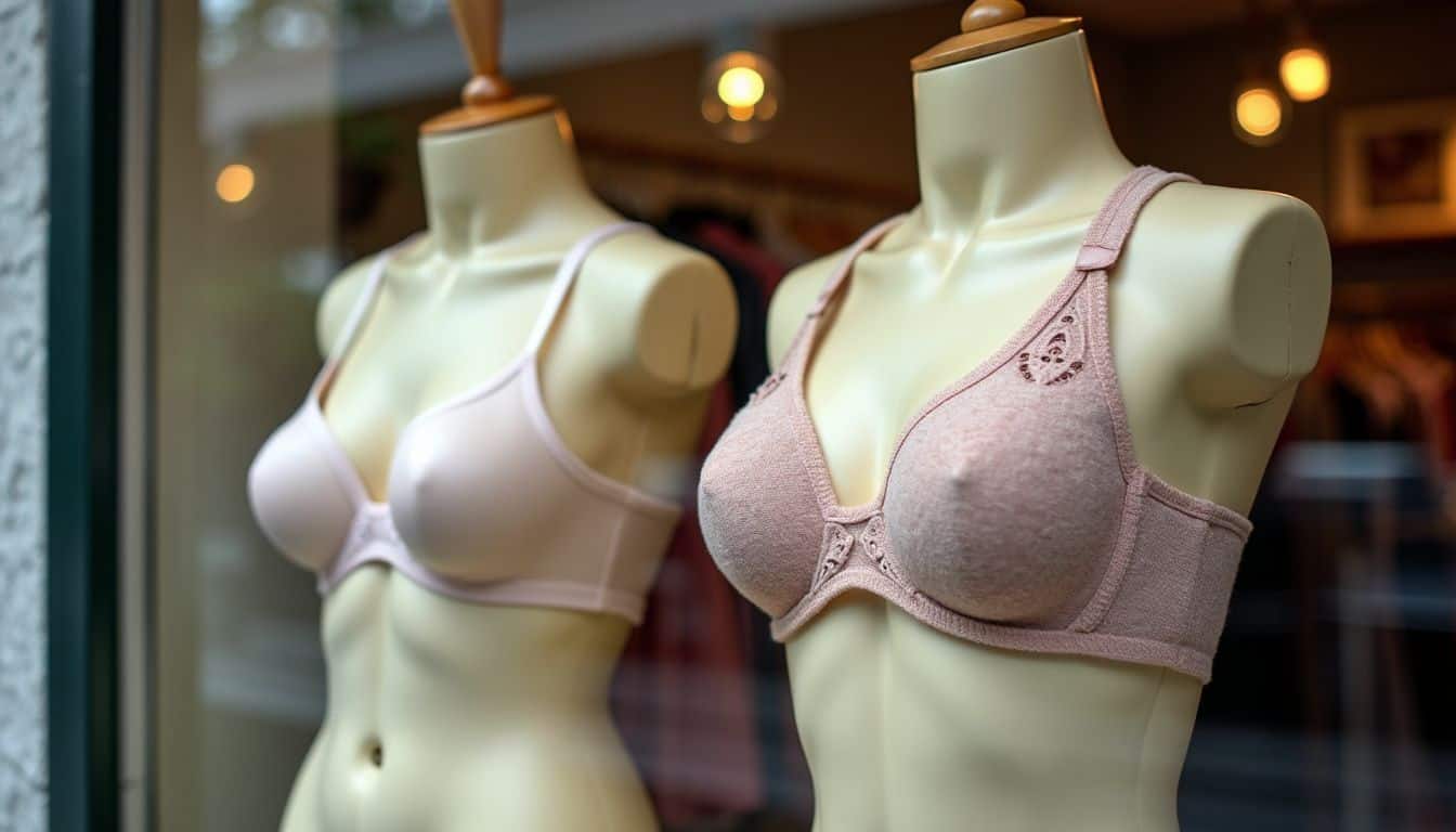 Two mannequins in a store window display D cup bras, showcasing different breast shapes and sizes.