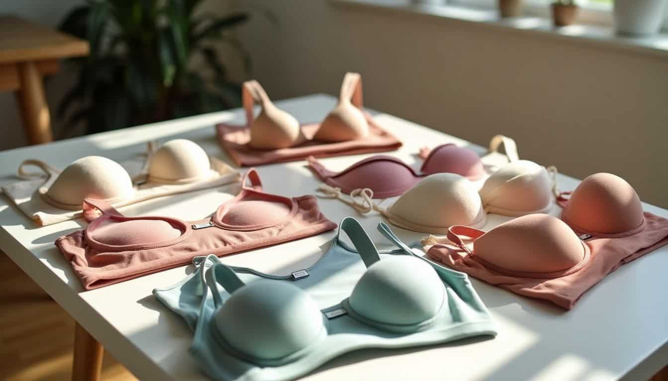 A neatly arranged collection of different bra styles displayed on a white table.