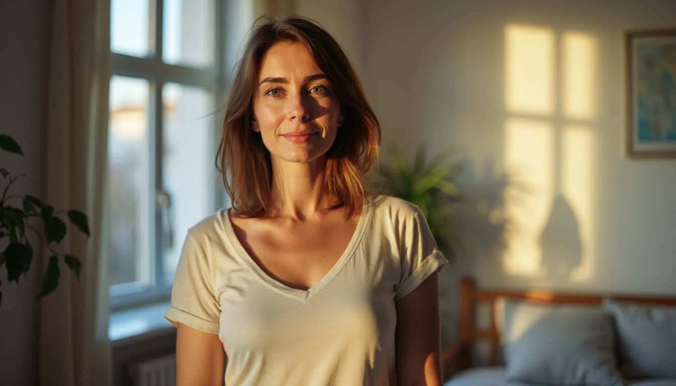 A confident woman in her late 30s with shoulder-length brown hair.