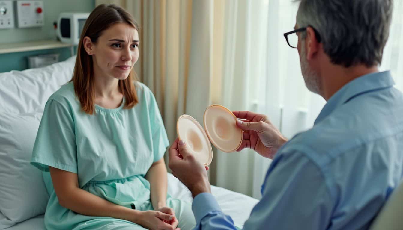 A woman in a hospital gown listens to a doctor discussing breast implant placement options.