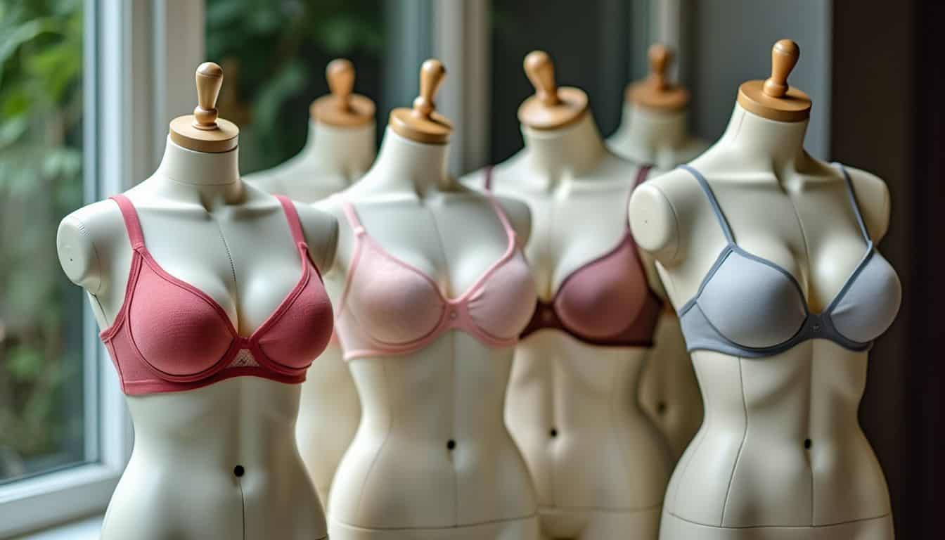 A collection of mannequins wearing D cup bras, depicting diverse body types and shapes.