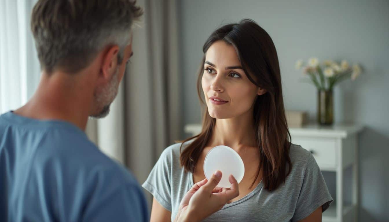 A woman examines breast implants with guidance from a plastic surgeon in a medical office.