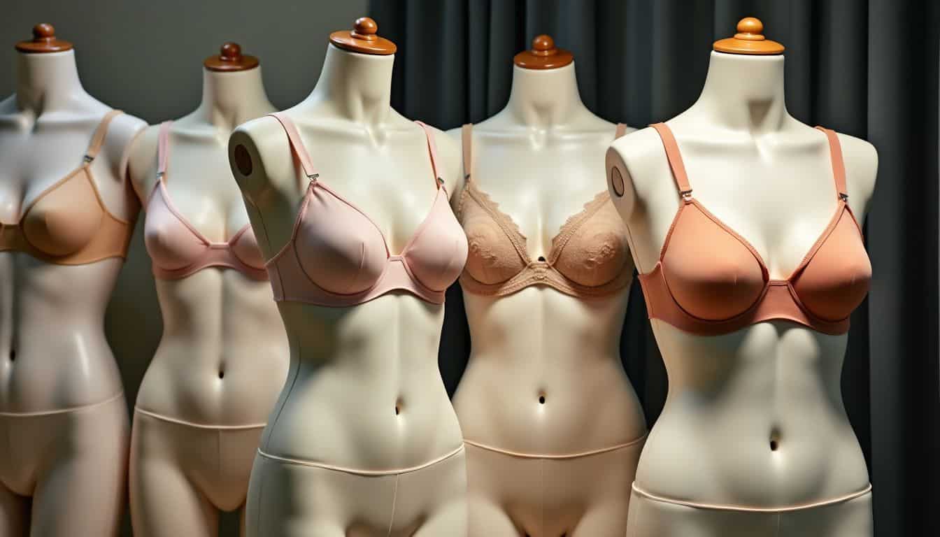 The image shows a display of mannequins wearing bras in different styles with D cup sizes.