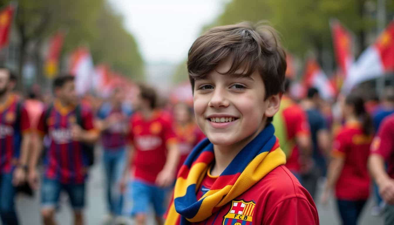 A young boy stands in a busy street among excited football fans.