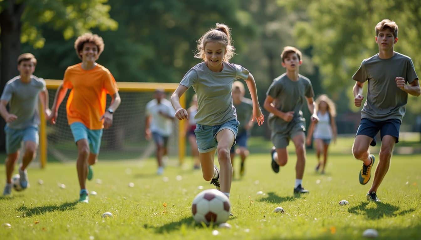 A group of teenagers playing casual soccer in a neighborhood park.