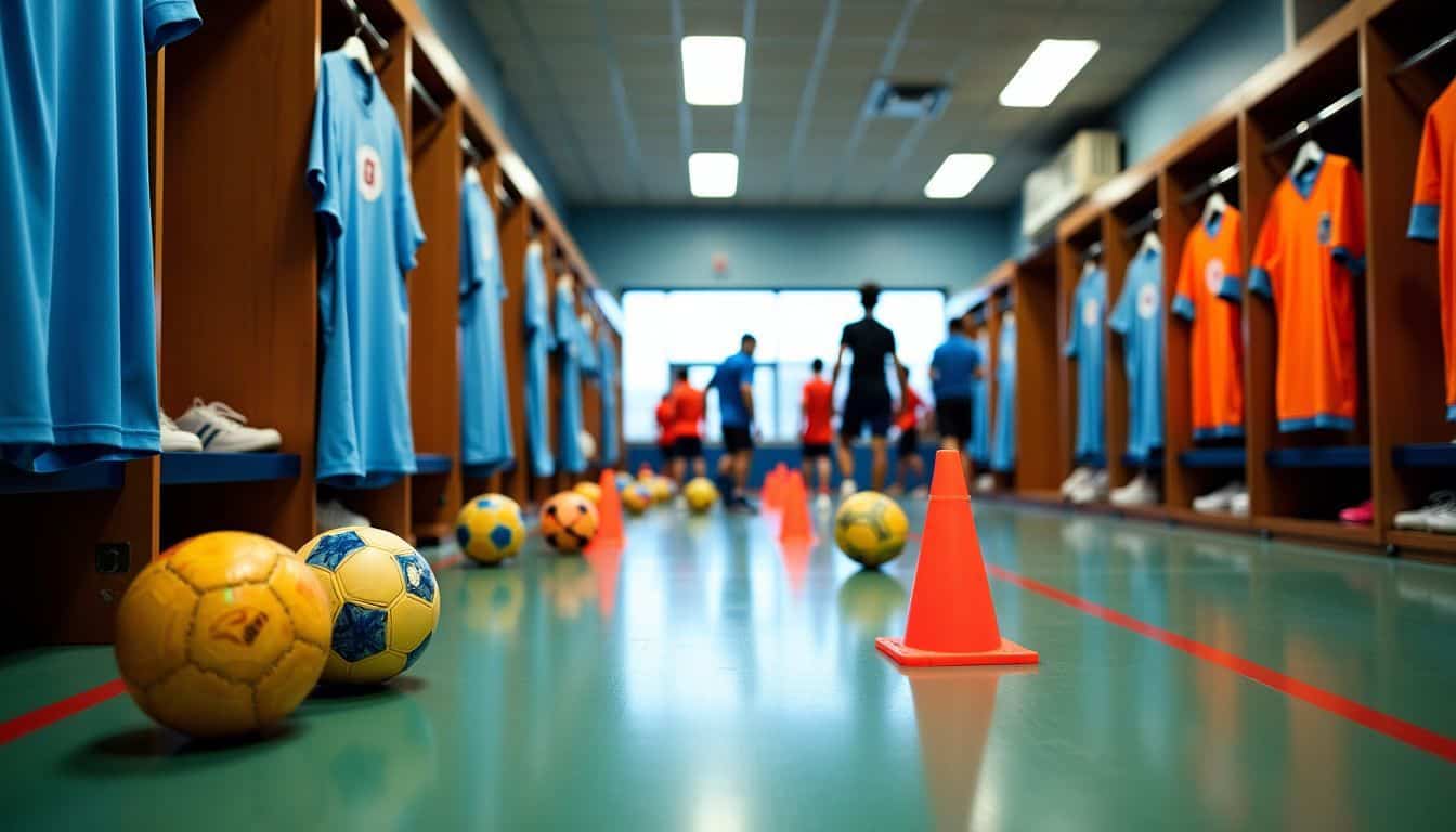 A busy youth football academy locker room with scattered equipment.